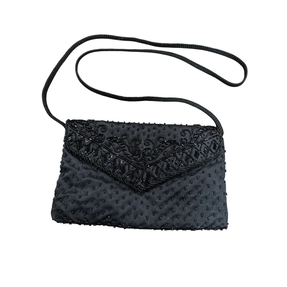 Clutch Purse / La Regale / Shoulder Bag / Satin / black beaded / Vintage